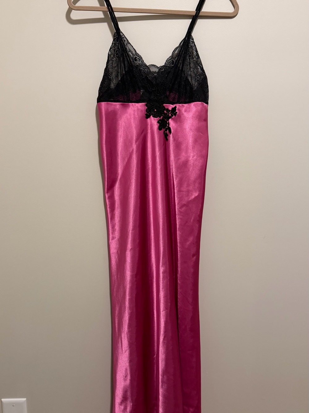 Black & Hot Pink Lace Satin Slip Nightgown